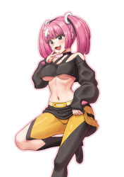 1girl :d belt blunt_bangs breasts cameltoe clothes_lift commentary_request coral_(pokemon) cropped_shirt els_(ljhlee12) eyelashes fang hand_up highres korean_commentary leg_up lifting_own_clothes long_sleeves nintendo open_mouth pantyhose pink_hair pokemon pokemon_(anime) pokemon_horizons shirt skirt skirt_lift sleeves_past_wrists smile solo tongue twintails underboob v yellow_belt