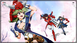 Rule 34 | 1boy, 1girl, armor, black hair, breasts, cleavage, crossover, day, green hair, helmet, langrisser, petals, ronin warriors, rose petals, running, samurai, sanada ryou, sword, weapon