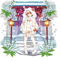 1girl alternate_costume animal_ear_hood animal_print bare_tree bell boots calico_(pattern) cat_girl cat_print cat_tail closed_mouth fake_animal_ears fang fang_out flower flower_request fur-trimmed_boots fur_trim game_cg goutokuji_mike hands_in_pockets highres hood hood_up hoodie jingle_bell long_sleeves looking_at_viewer multicolored_hair multicolored_tail neck_bell official_art orange_eyes orange_hair pleated_skirt print_hoodie rotte_(1109) skirt smile snow solo streaked_hair tail thighhighs third-party_source torii touhou touhou_lostword transparent_background tree white_boots white_flower white_hair white_hoodie white_skirt white_thighhighs