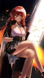 1girl absurdres black_gloves breasts cleavage cleavage_cutout closed_mouth clothing_cutout crossed_legs cup flower gloves hair_flower hair_ornament high_heels highres himeko_(honkai:_star_rail) honkai:_star_rail honkai_(series) jacket jacket_on_shoulders large_breasts long_hair looking_at_viewer mole mole_on_breast mug red_eyes sevenninet47503 sitting smile solo very_long_hair yellow_eyes