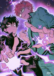 2boys black_eyes black_hair black_pants blue_eyes closed_mouth crossover fingernails from_below gakuran glasses green-tinted_eyewear highres kageyama_shigeo long_sleeves looking_at_viewer male_focus mob_psycho_100 multiple_boys nyakv_v pants pink_hair pk_academy_school_uniform saiki_kusuo saiki_kusuo_no_psi_nan salt_middle_school_uniform school_uniform short_hair smile tinted_eyewear twitter_username