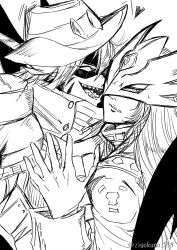 Rule 34 | 1boy, 1girl, beelstarmon, couple, digimon, greyscale, happy, highres, magnakidmon, mask, monochrome, sharp teeth, smile, teeth