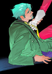 2boys beard black_background challia_bull char_aznable collared_shirt facial_hair gloves green_eyes green_hair gundam gundam_gquuuuuux highres jacket long_sleeves male_focus military_jacket military_uniform multiple_boys mustache necktie nomaumona profile shirt short_hair simple_background yaoi