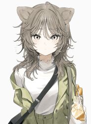 1girl absurdres ahoge animal_ears bag black_bag bread brown_eyes brown_hair closed_mouth commentary dot_mouth dot_nose food green_jacket grocery_bag highres jacket long_sleeves looking_at_viewer medium_hair open_clothes open_jacket original pan-chan_(takaya_riku) shirt shirt_tucked_in shopping_bag shoulder_bag simple_background solo symbol-only_commentary takaya_riku upper_body white_background white_shirt