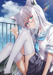1girl :3 absurdres ahoge animal_ears blue_neckerchief blue_skirt blush borumete braid cloud cloudy_sky commentary_request day fox_ears fox_girl fox_shadow_puppet fox_tail glasses green_eyes hair_between_eyes highres hololive knees_up loafers long_hair looking_at_viewer neckerchief pleated_skirt railing rooftop school_uniform serafuku shirakami_fubuki shoes short_sleeves sidelocks single_braid sitting skirt sky solo tail thighhighs virtual_youtuber white_hair white_thighhighs
