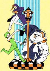1girl 2boys blackmore book foo_fighters_(jojo) hat jojo_no_kimyou_na_bouken lamppost multiple_boys polpo steel_ball_run stone_ocean tanjojnat top_hat umbrella vento_aureo