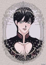 1boy bishounen black_hair border cleavage_cutout closed_mouth clothing_cutout commentary_request earrings eyelashes giorno_giovanna grey_eyes haruno_shiobana heart_cutout high_collar highres jewelry jojo_no_kimyou_na_bouken ladybug_ornament long_bangs looking_at_viewer male_focus ornate_border pectoral_cleavage pectorals portrait runo_ge short_hair signature solo stud_earrings vento_aureo wing_ornament