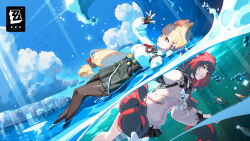 2girls absurdres alice_thymefield animal_ears black_gloves black_pantyhose black_skirt blonde_hair blue_sky breasts cardigan dutch_angle fingerless_gloves fish gloves green_eyes hand_up highres in_water key_visual long_hair medium_breasts multiple_girls ocean official_art orange_eyes pantyhose pink_cardigan promotional_art red_hair shirt skirt sky sphere_hair_ornament ukinami_yuzuha underwater water waves wet white_shirt yellow_eyes zenless_zone_zero