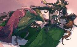 2girls black_hair brown_eyes chinese_clothes face-to-face green_robe hair_bun holding_hands isolde_(reverse:1999) kakania_(reverse:1999) light_blush lying lying_on_person multiple_girls on_back pink_background pink_eyes pink_robe purple_nails rekka reverse:1999 robe sweatdrop yuri