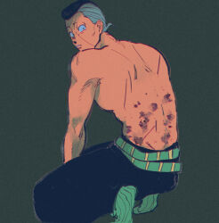 1boy belt bruise bruise_on_back commentary diamond_wa_kudakenai green_belt green_socks highres injury jojo_no_kimyou_na_bouken looking_back muscular muscular_male nijimura_okuyasu no_shirt oniyama831 socks solo
