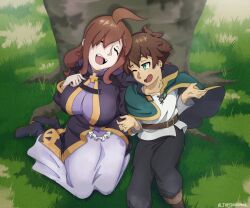 Rule 34 | 1boy, 1girl, ahoge, belt, breasts, brown hair, dress, grass, green eyes, ivan the goose, kono subarashii sekai ni shukufuku wo!, large breasts, long hair, one eye closed, satou kazuma, shoes, short hair, sitting, tree, wiz (konosuba)