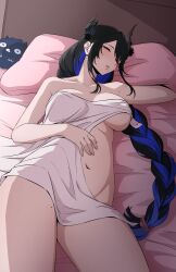 Rule 34 | 1girl, absurdres, bed, bed sheet, black hair, blue hair, braid, braided ponytail, breasts, breasts apart, closed eyes, daydarion, demon girl, demon horns, highres, hololive, hololive english, horns, jailbird (nerissa ravencroft), large breasts, long hair, lying, multicolored hair, naked sheet, navel, nerissa ravencroft, on back, parted lips, pillow, sleeping, solo, stomach, stuffed toy, two-tone hair, very long hair, virtual youtuber