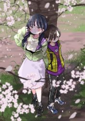 Rule 34 | 1boy, 1girl, against tree, backpack, bag, black hair, blue eyes, boku no kokoro no yabai yatsu, brown eyes, brown hair, cherry blossoms, from above, full body, highres, ichikawa kyoutarou, jacket, long hair, looking to the side, looking up, outdoors, pants, sakurai norio, shoes, short hair, skirt, smile, sneakers, sulking, tagme, track pants, tree, twintails, yamada anna