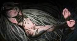 Rule 34 | 1girl, afloat, armpits, arms up, black collar, black horns, black liquid, black nails, blush, breasts, closed eyes, collar, covered erect nipples, covering one eye, crossed ankles, crying, feet, foot focus, from above, goddess of victory: nikke, grey hair, highres, horns, legs up, leviathan (nikke), liquid clothes, long hair, nail polish, open mouth, pubic tattoo, senvik69, small breasts, soles, stirrup legwear, tattoo, toeless legwear, toes
