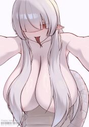 1girl b_project_18 barcode blunt_bangs breasts chinese_zodiac collarbone forked_tongue grey_hair hair_censor hair_over_breasts hair_over_one_eye happy_new_year highres huge_breasts lamia leaning_forward long_bangs long_hair monster_girl new_year original pointy_ears pov reaching reaching_towards_viewer red_eyes scales slit_pupils snake_girl solo sweat tongue tongue_out topless_female white_background white_scales year_of_the_snake