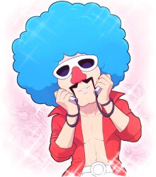 1girl afro bad_tag belt big_nose blue_hair facial_hair goggles goggles_on_headwear heterochromatic_eyewear highres hoshi_(star-name2000) jacket jimmy_t joy-con mustache nintendo pants red_nose smile solo sunglasses tinted_eyewear warioware
