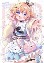 1girl :d antique_phone apron bag black_bow black_bowtie black_choker black_hairband blonde_hair blue_dress bow bowtie choker collarbone commentary_request double_bun dress frilled_apron frills fur_jacket gochuumon_wa_usagi_desu_ka? hair_bun hair_ornament hairband heart heart_choker heart_hair_ornament highres holding holding_phone hoto_cocoa jacket long_sleeves looking_at_viewer medium_hair mozukun43 open_clothes open_jacket open_mouth outstretched_arm petticoat phone pink_bag purple_eyes rabbit_hair_ornament reaching reaching_towards_viewer rotary_phone shoulder_bag sleeveless sleeveless_dress smile solo thigh_strap white_apron x_hair_ornament yellow_jacket