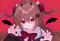 1girl ahoge black_cardigan black_wings blush bow bowtie broken_heart broken_heart_hair_ornament brown_hair cardigan claw_pose commentary commission demon_horns detached_wings dress_shirt english_commentary evil_neuro-sama fang hair_between_eyes hair_ornament hair_ribbon heart highres horns long_hair looking_at_viewer neuro-sama off-shoulder_cardigan open_mouth red_background red_bow red_bowtie red_eyes red_ribbon ribbon sakana0610773 second-party_source shirt skin_fang skull_hair_ornament solo upper_body v-neck vedal_ai white_shirt wings