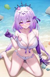 1girl absurdres bare_shoulders beach bikini black_tiara blush bow breasts castorice_(honkai:_star_rail) cleavage collarbone commentary_request day hair_between_eyes hair_bow hair_ribbon hand_up highres honkai:_star_rail honkai_(series) large_breasts long_hair looking_at_viewer navel outdoors parted_lips purple_eyes purple_hair purple_ribbon ribbon sitting solo stomach strap_pull swimsuit tiara very_long_hair water white_bikini white_bow yokozuwari yukiunag1