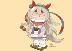 1girl animal_ears black_bow black_bowtie blue_hairband bow bowtie brown_sandals closed_eyes commentary_request ear_covers full_body geta grey_hair hairband holding holding_skewer horse_ears horse_girl horse_tail horseshoe_ornament long_hair onikobe_rin open_mouth puffy_short_sleeves puffy_sleeves purple_shirt sailor_collar sailor_shirt sandals school_uniform shirt short_sleeves simple_background skewer skirt smile socks solo summer_uniform tail tamamo_cross_(umamusume) teeth tracen_school_uniform umamusume very_long_hair white_skirt white_socks yellow_background