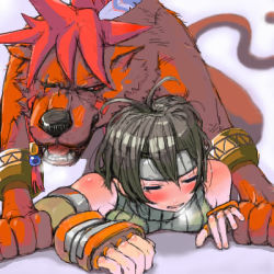 1990s_(style) 1boy 1girl bare_shoulders bent_over bestiality blush breast_press breath cyanide closed_eyes final_fantasy final_fantasy_vii fingerless_gloves gloves headband hetero lowres lying non-web_source on_stomach prone_bone red_xiii retro_artstyle sex sex_from_behind sleeveless sleeveless_turtleneck top-down_bottom-up turtleneck vaginal yuffie_kisaragi