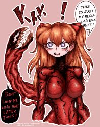 ! 1girl 1other absurdres adapted_costume angry blue_eyes blush bodysuit breasts brown_hair carnage_(marvel) chronozbergh color_connection colorized crossover curvy english_text hair_ornament highres interface_headset_(evangelion) large_breasts living_clothes long_hair looking_at_another marvel mecha_pilot_suit neon_genesis_evangelion open_mouth pink_background plugsuit_(evangelion) red_bodysuit sharp_teeth shiny_clothes simple_background souryuu_asuka_langley spider-man_(series) symbiote teeth twintails two_side_up very_long_hair what wide_hips