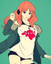 Rule 34 | 1girl, black shorts, black sports bra, black thighhighs, celica (fire emblem), cosplay, costume switch, fire emblem, fire emblem echoes: shadows of valentia, green jacket, headphones, jacket, long hair, nintendo, persona, persona 5, princess, red eyes, red hair, sakura futaba, shirt, shorts, sports bra, thighhighs, truejekart, white shirt