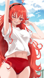 1girl abs abs_peek ahoge arm_up armpit_peek armpits black_hairband breasts buruma cowboy_shot day eris_greyrat gym_shirt gym_uniform hairband highres light_blush long_hair medium_breasts mushoku_tensei navel one_eye_closed open_mouth outdoors red_buruma red_eyes red_hair seriro00112 shirt short_sleeves sky solo stretching t-shirt tearing_up v-shaped_eyebrows very_long_hair white_shirt yawning