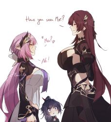 3girls black_dress breasts brown_hair corset dress eden_(honkai_impact) elf elysia_(honkai_impact) elysia_(miss_pink_elf)_(honkai_impact) english_text hair_ornament hashtag-only_commentary highres honkai_(series) honkai_impact_3rd huge_breasts large_breasts linel_lin long_hair looking_at_another multiple_girls pink_hair pointy_ears purple_eyes purple_hair raiden_mei raiden_mei_(danzai_spectramancer) simple_background white_background white_corset