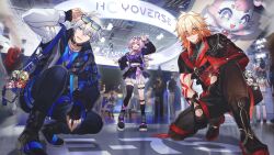 3boys 3girls :d absurdres aglaea_(honkai:_star_rail) anaxa_(honkai:_star_rail) ankle_boots antenna_hair arm_tattoo asymmetrical_footwear bag black_boots black_choker black_gloves black_pants black_skirt blonde_hair blue_eyes blue_shirt boots braid charm_(object) choker cioccolatodorima cipher_(honkai:_star_rail) commentary company_name cyrene_(honkai:_star_rail) dan_heng_(honkai:_star_rail) dan_heng_(hunt)_(honkai:_star_rail) diluc_(genshin_impact) diluc_(red_dead_of_night)_(genshin_impact) dress english_commentary eyewear_on_head facial_tattoo fingerless_gloves genshin_impact gloves gradient_hair guest_art hair_between_eyes highres honkai:_star_rail honkai_(series) hyacine_(honkai:_star_rail) jacket jewelry march_7th_(honkai:_star_rail) medium_hair mem_(honkai:_star_rail) mihoyo multicolored_hair multicolored_jacket multiple_boys multiple_girls mydei_(honkai:_star_rail) necklace one_eye_closed open_mouth pants parted_bangs phainon_(honkai:_star_rail) pink_hair pom-pom_(honkai:_star_rail) red_hair red_jacket red_tattoo shirt short_hair shoulder_bag side_braid single_glove skirt smile squatting streaked_hair sunglasses tattoo thigh_strap tribbie_(honkai:_star_rail) two-tone_jacket v white_dress white_hair white_jacket yellow_eyes