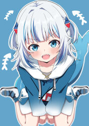 1girl absurdres blue_eyes blue_hair blue_hoodie blue_shoes blush fins fish_tail gawr_gura gawr_gura_(1st_costume) grey_hair hair_ornament highres hololive hololive_english hood hoodie hosinonana looking_at_viewer medium_hair multicolored_hair shark_girl shark_hair_ornament shark_tail sharp_teeth shoes smile solo streaked_hair tail teeth two_side_up upper_teeth_only virtual_youtuber