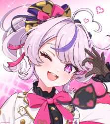Rule 34 | 1girl, :d, ahoge, blush, bow, bowtie, dot nose, eyepatch, fishnet gloves, fishnets, gloves, half-heart hands, heart, heart ahoge, highres, maria marionette, maria marionette (1st costume), mugimugigo, multicolored hair, nijisanji, nijisanji en, one eye closed, open mouth, pink bow, pink bowtie, pink eyes, pink hair, pixel heart, side ponytail, smile, solo, streaked hair, unworn eyepatch, virtual youtuber