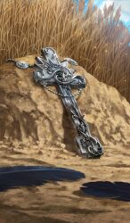 black_feathers blue_sky brown_background commentary cross day fate/grand_order fate_(series) feathers lasengle latin_cross light_particles light_rays nature no_humans object_focus official_art outdoors rosary scenery sky still_life sunbeam sunlight third-party_source