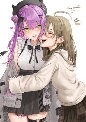 2girls absurdres ahoge black_hat black_ribbon black_skirt blush braid brown_hair brown_hoodie brown_skirt cardigan cherry_earrings closed_eyes ear_blush ear_piercing earrings food-themed_earrings food_themed_earrings frilled_shirt frills green_eyes grey_cardigan hair_bun hat high-waist_skirt highres hololive hololive_english hood hoodie hug jewelry leg_tattoo light_blush long_hair looking_at_another multiple_girls nanashi_mumei nanashi_mumei_(casual) neck_ribbon parted_bangs piercing plaid_clothes plaid_skirt pleated_skirt purple_hair ribbon round_eyewear shirt single_braid single_side_bun skirt sleeveless sleeveless_shirt smile tanukidraws tattoo teeth thigh_strap tokoyami_towa tokoyami_towa_(jirai_kei) virtual_youtuber white_background white_shirt