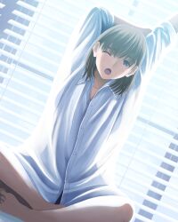 1girl anegasaki_nene arms_up backlighting bare_legs barefoot bloom blush breasts brown_hair collared_shirt cross-body_stretch dress_shirt dutch_angle highres indian_style indoors long_sleeves looking_up love_plus medium_hair mole mole_under_eye official_art one_eye_closed open_mouth purple_eyes shirt sitting solo stretching toenails toes waking_up white_shirt window window_blinds yawning