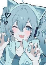 1girl ;d absurdres ahoge animal_ear_headphones animal_ears aqua_eyes aqua_hair aqua_jacket aqua_nails aqua_shirt blush cat_ear_headphones close-up collarbone facial_mark fake_animal_ears fang hair_between_eyes hair_ornament hatsune_miku headphones heart highres jacket nail_polish one_eye_closed open_clothes open_jacket open_mouth paw_pose ria_art shirt simple_background skin_fang smile track_jacket vocaloid whisker_markings white_background