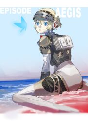 1girl aigis_(persona) android blonde_hair blue_butterfly blue_eyes body_armor bug butterfly character_name copyright_name full_body highres insect joints load_bearing_vest looking_at_animal meameeea metal_hairband persona persona_3 persona_3_reload persona_3_the_answer prsnmea robot_ears robot_girl robot_joints short_hair sitting solo visor_(armor) wariza water