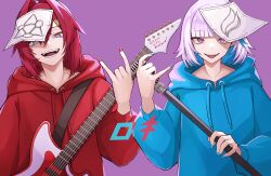 2girls \n/ alternate_costume ange_katrina blue_eyes blue_hair blue_nails blunt_bangs colored_inner_hair commentary_request electric_guitar english_text fangs guitar guitar_strap hair_between_eyes hair_intakes hair_ornament hand_up highres holding holding_microphone holding_microphone_stand hood hood_down hoodie instrument lize_helesta long_bangs long_sleeves medium_hair microphone microphone_stand mixed-language_text multicolored_eyes multicolored_hair multiple_girls nail_polish necro_ro nijisanji open_mouth paper_on_head pink_eyes pink_hair puffy_long_sleeves puffy_sleeves purple_background purple_eyes red_hair red_hoodie red_nails roki_(vocaloid) sharp_teeth short_hair side-by-side simple_background slit_pupils smile song_name teeth tongue tongue_out triangle_hair_ornament two-tone_eyes two-tone_hair upper_body virtual_youtuber