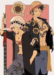 2boys arm_up black_coat black_eyes black_hair black_shirt blue_pants closed_mouth coat collared_shirt commentary_request cosplay costume_switch dekaidaikon ear_piercing earrings facial_hair fingernails floral_print flower goatee grin hand_in_pocket hat highres holding holding_sword holding_weapon hood hood_down image_in_thought_bubble jewelry looking_at_another looking_to_the_side male_focus monkey_d._luffy multiple_boys one_piece open_clothes open_coat open_shirt pants piercing print_shirt sash scar scar_on_chest shirt short_hair sideburns sideways_glance smile speech_bubble straw_hat sunflower sword teeth thought_bubble toned toned_male trafalgar_law weapon wing_collar yellow_sash