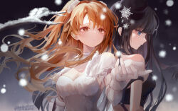 2girls black_hair black_hat blue_eyes brown_eyes brown_hair dress elbow_gloves gloves hat highres long_hair multiple_girls ogiso_setsuna scrunchie snowing touma_kazusa twintails upper_body white_album_(series) white_album_2 white_dress white_gloves white_scrunchie willfin
