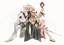 ahoge alisaie_leveilleur alphinaud_leveilleur back-to-back black_gloves black_ribbon blue_ribbon boots breasts brother_and_sister carbuncle_(final_fantasy) closed_eyes earrings elezen elf final_fantasy final_fantasy_xiv full_body gloves hair_between_eyes hair_ribbon hair_tie highres holding holding_sword holding_weapon jewelry long_sleeves medium_breasts mmariesr pointy_ears red_ribbon ribbon short_hair_with_long_locks siblings sitting sword thigh_boots weapon white_footwear white_hair wrist_ribbon