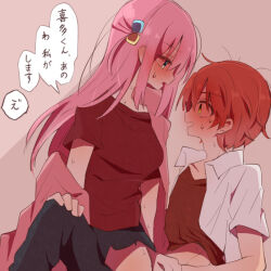 1boy 1girl blush bocchi_the_rock! genderswap genderswap_(ftm) gotoh_hitori hetero jacket kita_ikuyo looking_at_another open_clothes open_jacket pink_hair red_hair shirt speech_bubble talking warashi67 white_shirt