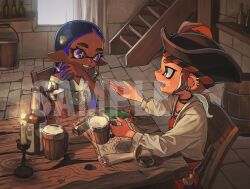 1boy 1girl beer_mug black_hair black_hat colored_extremities cross-shaped_pupils cup dark-skinned_female dark_skin earrings glass_bottle grin hat highres holding holding_cup hoop_earrings inkling inkling_girl inkling_player_character jewelry looking_at_another medium_hair miko_(15476997) mug multicolored_hair necklace nintendo octoling octoling_boy octoling_player_character on_chair open_mouth orange_hair pirate_hat pointy_ears ponytail purple_eyes purple_hair sample_watermark shirt sitting smile splatoon_(series) symbol-shaped_pupils table tentacle_hair two-tone_hair watermark white_shirt wooden_chair wooden_table yellow_eyes yellow_pupils