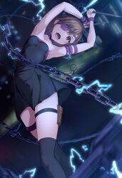 1girl armlet armpits arms_up black_dress black_socks bob_cut bracelet breasts brown_hair building chain choker city collarbone commentary commission cosplay crossover dress electricity electrokinesis eyepatch falling fate/stay_night fate_(series) female_focus from_above highres holding holding_weapon jewelry k3rd kneehighs looking_at_viewer medusa_(fate) medusa_(rider)_(fate) medusa_(rider)_(fate)_(cosplay) misaka_mikoto nameless_dagger_(fate) night open_mouth perspective pouch purple_choker short_dress short_hair shouting skyscraper small_breasts socks solo spikes strapless strapless_dress swept_bangs symbol-only_commentary thigh_strap thighs toaru_kagaku_no_railgun toaru_majutsu_no_index weapon