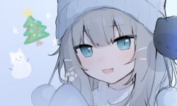 Rule 34 | 1girl, :d, amashiro natsuki, beanie, blue background, christmas tree, commentary, fang, grey hair, hair between eyes, hat, indie virtual youtuber, long hair, looking at viewer, nachoneko, open mouth, revision, simple background, smile, snowman, solo, star (symbol), sweater, symbol-only commentary, turtleneck, turtleneck sweater, upper body, virtual youtuber, white sweater