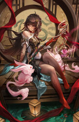 1girl ahoge architecture bare_shoulders barefoot breasts brown_hair chinese_clothes clothing_cutout colored_extremities commentary criss-cross_halter detached_sleeves diamond-shaped_pupils diamond_(shape) east_asian_architecture english_commentary foot_dangle fuyuan_(honkai:_star_rail) hair_ornament halterneck highres holding_incense_burner honkai:_star_rail honkai_(series) imdrunkontea incense_burner lantern lantern_on_liquid large_breasts lingsha_(honkai:_star_rail) long_hair looking_to_the_side orange_eyes paper_lantern parted_lips rabbit red_feet red_hands sitting smile solo stomach_cutout symbol-shaped_pupils toes water