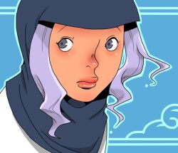 1girl blue_background closed_mouth commentary_request expressionless grey_eyes grey_hood hood hood_up kumoi_ichirin lips looking_at_viewer medium_hair onikobe_rin purple_hair shirt solo touhou upper_body white_shirt