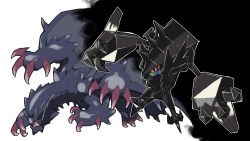 Rule 34 | black background, blacknirrow, claws, creatures (company), crossover, game freak, gen 7 pokemon, gore magala, highres, legendary pokemon, monster, monster hunter (series), necrozma, necrozma (normal), nintendo, no humans, open mouth, outline, pokemon, pokemon (creature), two-tone background, white background, white outline