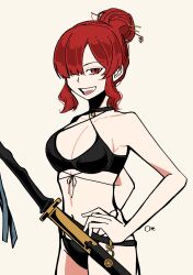 1girl alternate_hairstyle artist_name bad_link bikini black_bikini breasts chain crest family_crest goma1021 hair_bun hair_ornament hair_over_one_eye hair_stick highres katana large_breasts looking_at_viewer oda_nobunaga_(fate) oda_nobunaga_(maou_avenger)_(fate) oda_uri open_mouth red_eyes red_hair sheath sheathed sidelocks simple_background smile solo swimsuit sword weapon white_background