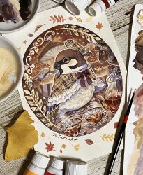 absurdres acorn acrylic_gouache_(medium) acrylic_paint_(medium) animal animal_focus art_tools_in_frame autumn autumn_leaves bird bow bowtie brown_eyes brown_headwear brown_theme closed_mouth clothed_animal commentary commentary_request cup english_commentary eurasian_tree_sparrow fly_agaric full_body glass_plate glass_teacup glass_teapot gouache_(medium) highres kettle leaf looking_to_the_side mushroom no_humans original paint_tube paintbrush painting_(medium) paint_palette paper photo_(medium) plaid red_bow red_bowtie smile solo sparrow standing susutouka tea teacup teapot traditional_media